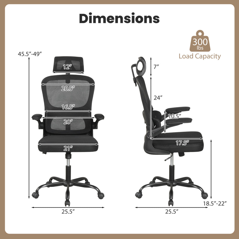 Dimensions of the black mesh office chair with adjustable lumbar support, armrests, and a 300 lbs load capacity.