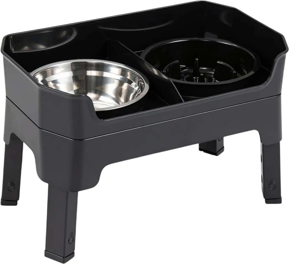 Black elevated dog bowls shown from above with a slow feeder bowl, licking plate, and adjustable-height stand.