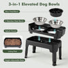 Black elevated dog bowls with 4 adjustable heights, stainless steel bowls, splash guard, and licking plate.