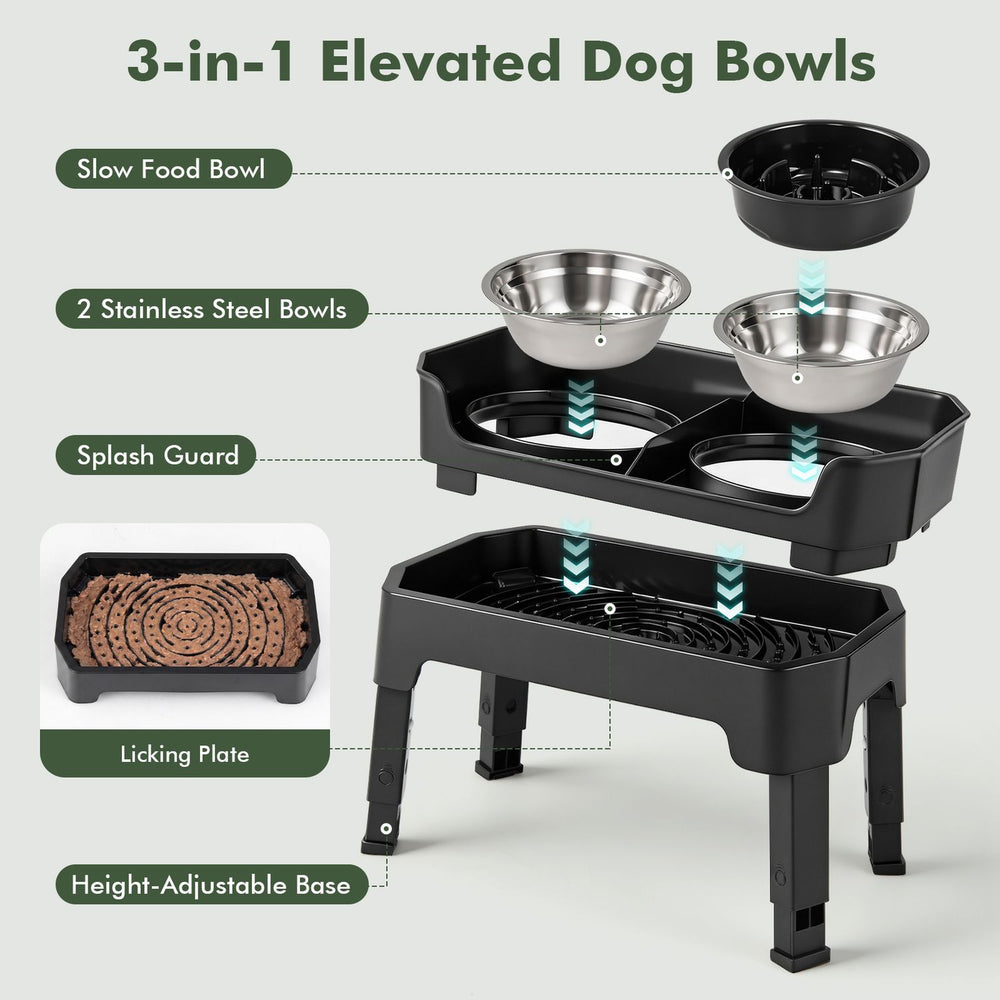 Black elevated dog bowls with 4 adjustable heights, stainless steel bowls, splash guard, and licking plate.