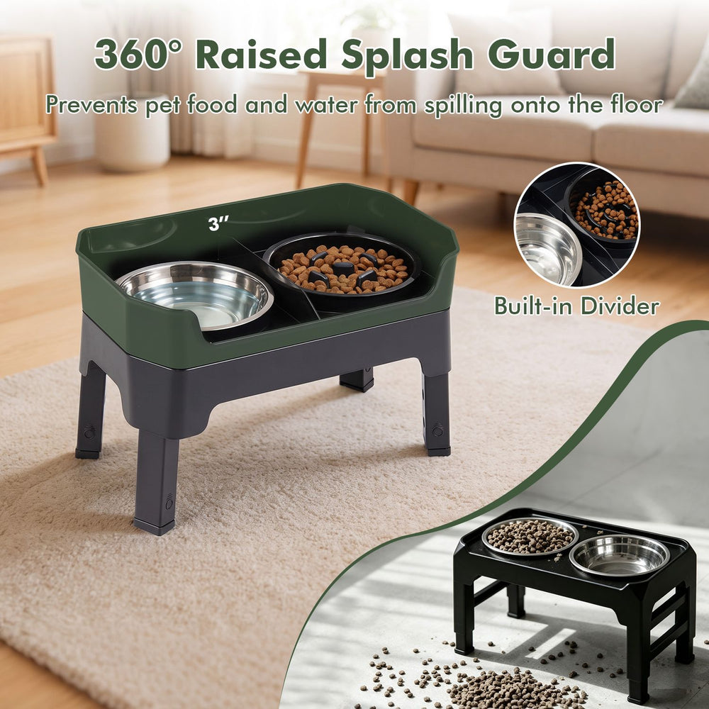 Black elevated dog bowls with slow feeder bowl and licking plate, shown with a stainless steel bowl insert.