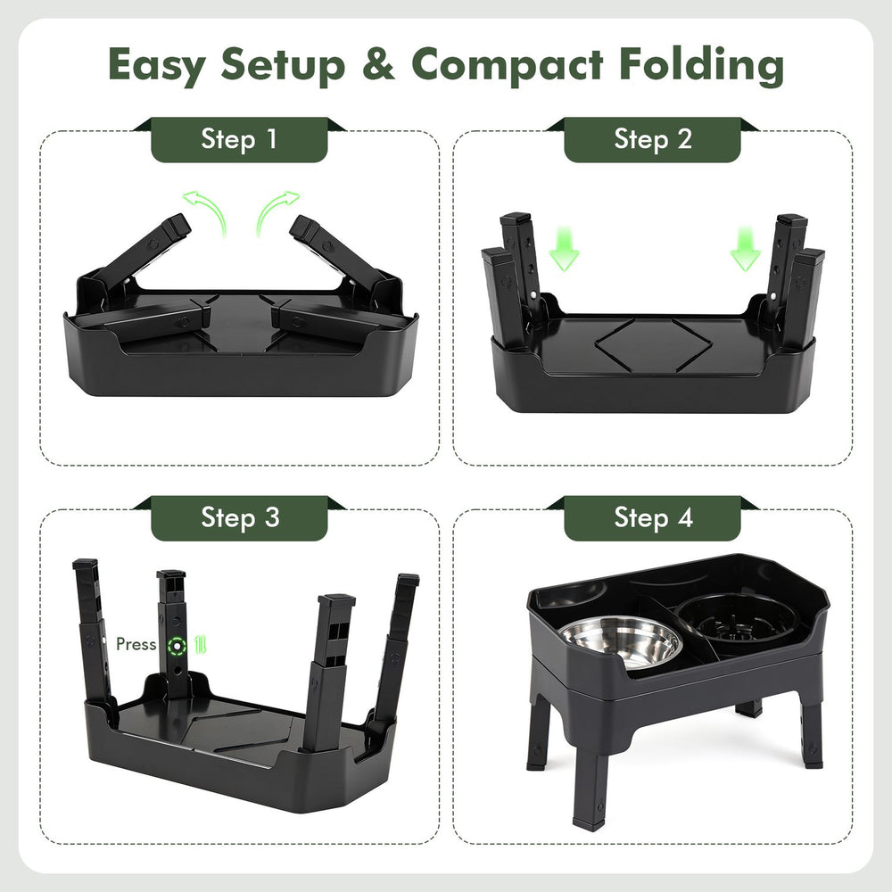 Black elevated dog bowls with foldable legs shown during setup, featuring 4 adjustable heights and a licking plate.