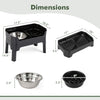 Black elevated dog bowls with licking plate shown from multiple angles, with dimensions and 4 adjustable heights.