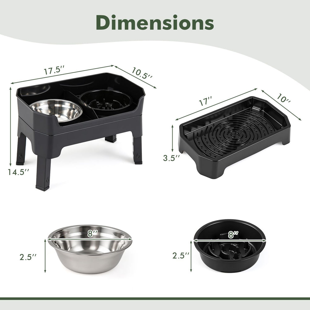 Black elevated dog bowls with licking plate shown from multiple angles, with dimensions and 4 adjustable heights.