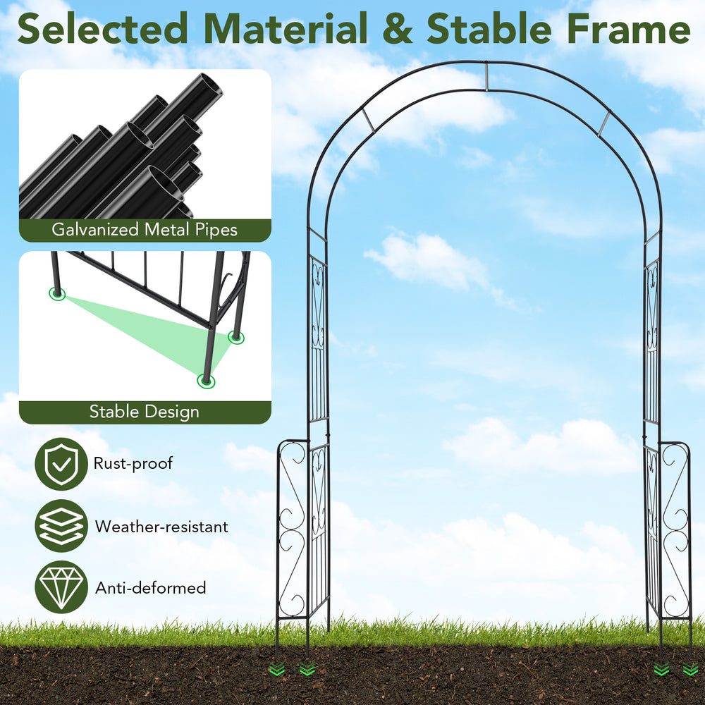 7.9 feet black metal garden arch with elegant design, made of galvanized metal, perfect for climbing plants and.