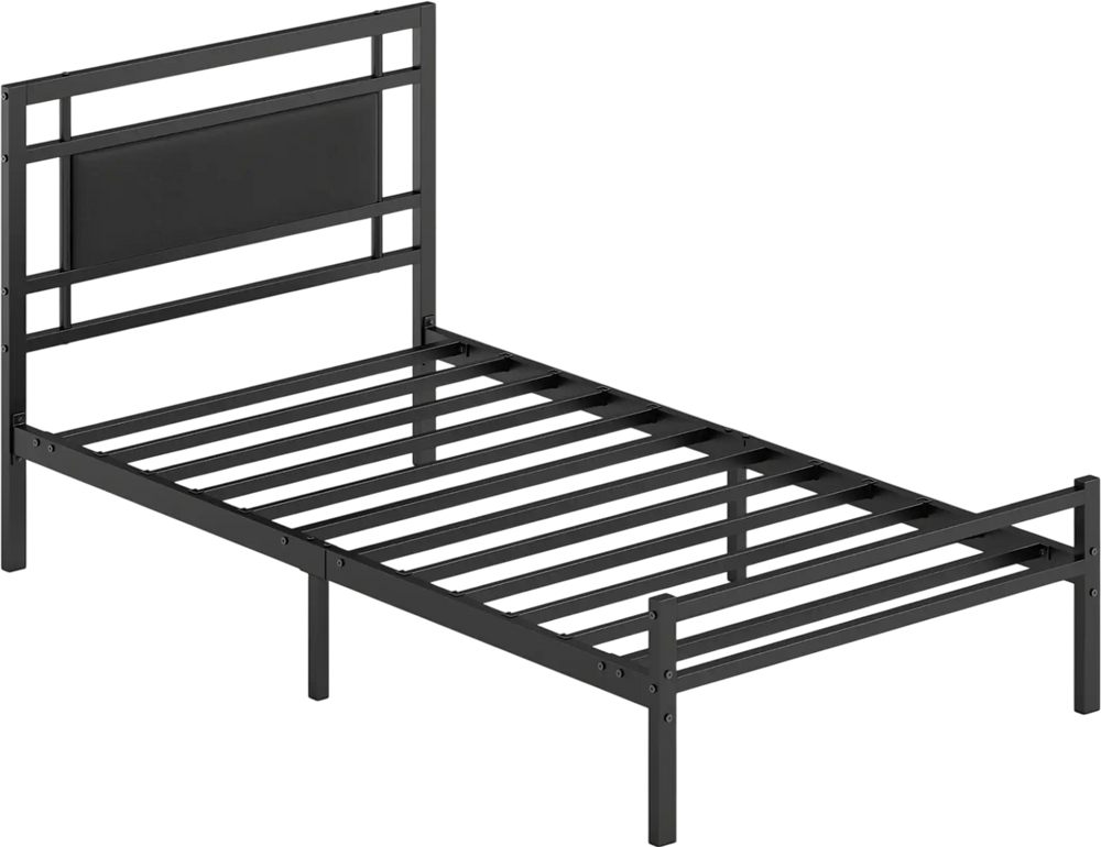 Twin size metal bed frame with upholstered headboard, featuring sturdy slats and ample under-bed storage space.