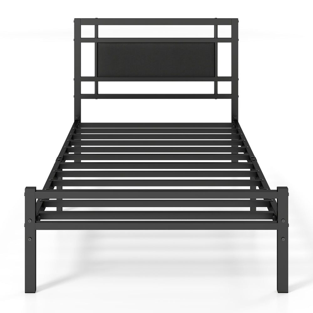 Twin size metal bed frame with upholstered headboard, sturdy slats, and ample under-bed storage for easy cleaning.
