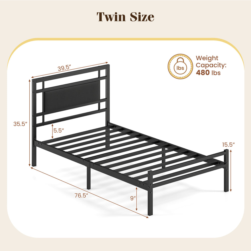 Twin size metal bed frame with upholstered headboard, sturdy slats, and 9" under-bed storage for a stylish bedroom.