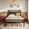 Twin size metal bed frame with upholstered headboard, sturdy slats, and ample under-bed storage for a stylish bedroom.