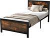 Twin size metal bed frame with rustic wood grain headboard, sturdy support legs, and 11" under-bed storage space.