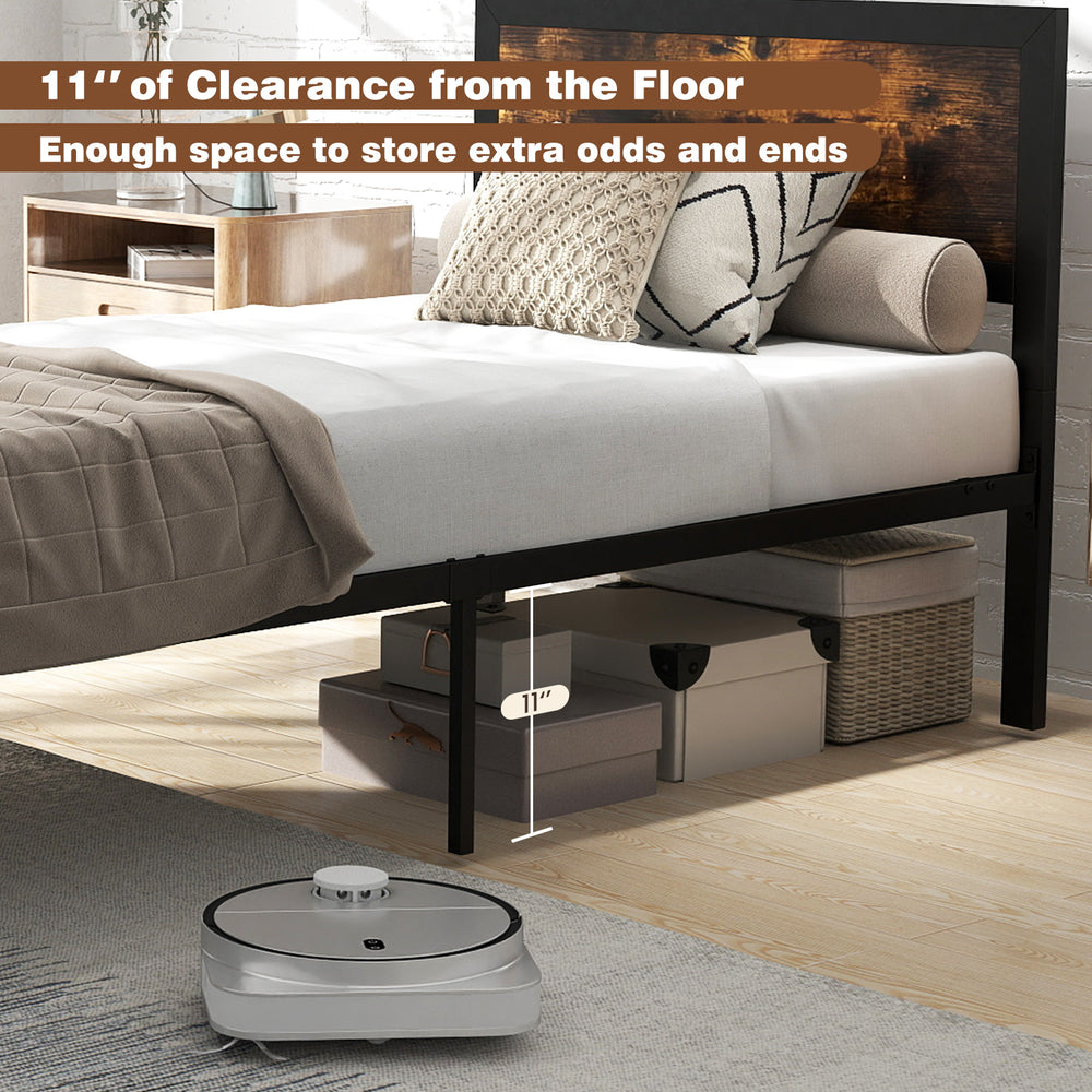 Twin size metal bed frame with rustic wood grain, featuring 11" under-bed storage space for organized belongings.