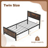 Twin size metal bed frame with rustic wood grain, sturdy support legs, and 11" under-bed storage for organized space.