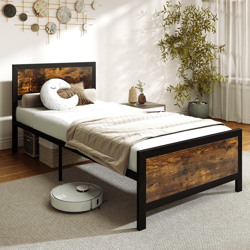 Twin size metal bed frame showcasing rustic wood grain design, with foam pads for noise reduction and stability.
