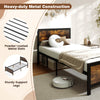 Twin size metal bed frame with rustic wood grain, sturdy support legs, and powder-coated slats for reliable support.