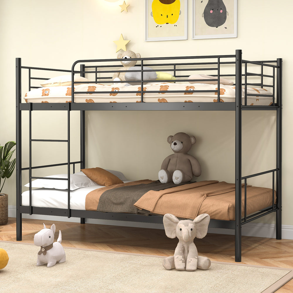 Black metal bunk bed featuring a modern design with full-length guardrails, perfect for maximizing space in children's.