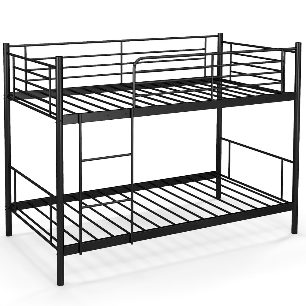 Metal bunk bed in black with ladder and full-length guardrails, designed for stability and space-saving storage.