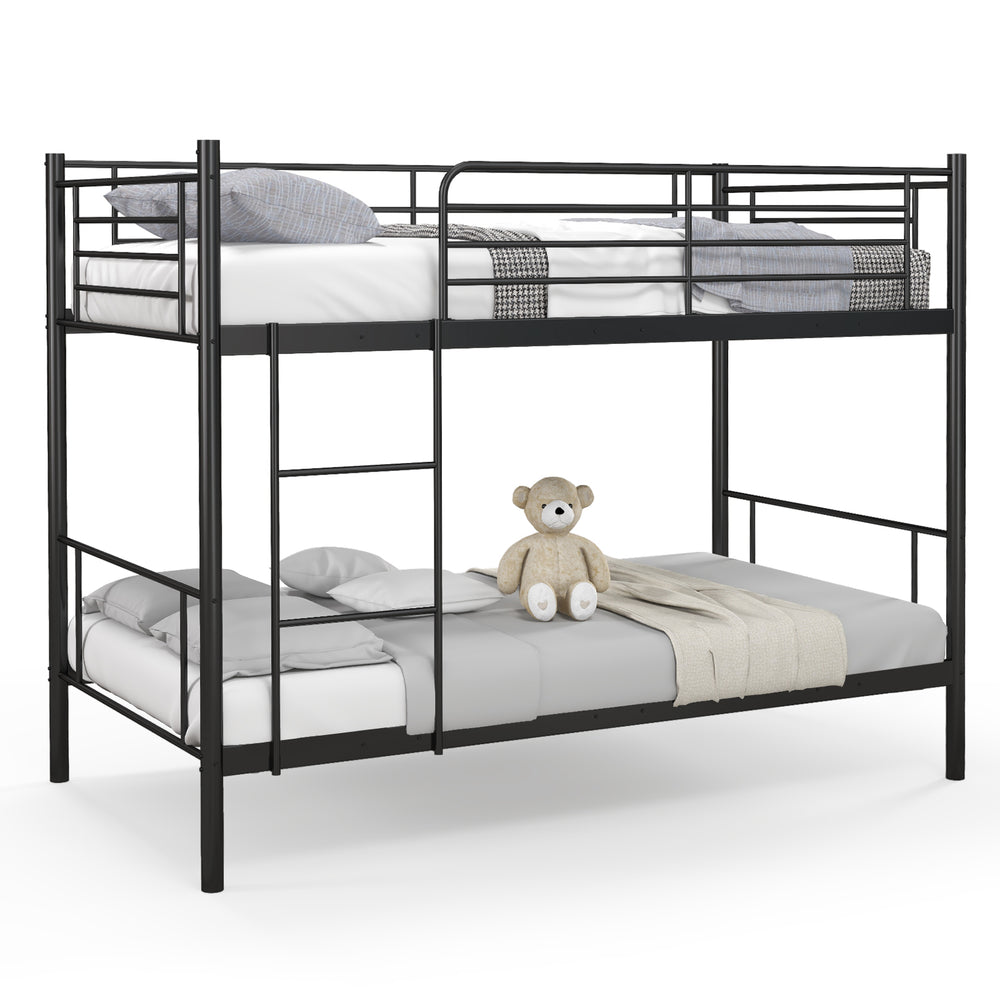 Metal bunk bed in black with ladder and guardrails, designed for stability and space-saving in youth hotels or dorms.