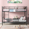 Metal bunk bed in black with ladder and guardrails, designed for space-saving and stability, ideal for kids' rooms.