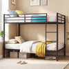 Full-over-full metal bunk bed in black with safety guardrail and built-in ladder, ideal for space-saving and storage.