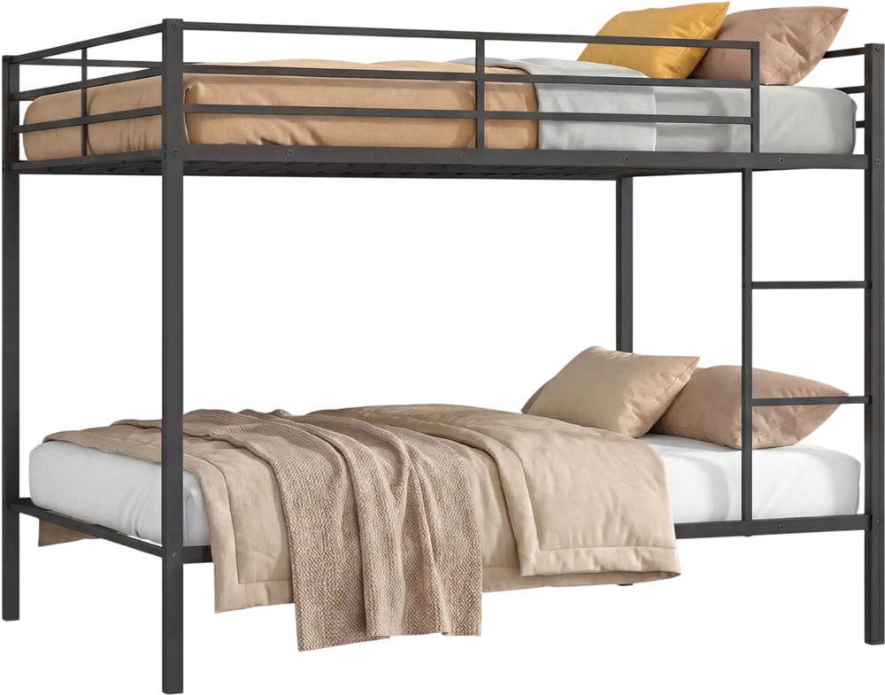 Full-over-full metal bunk bed in black with safety guardrail and built-in ladder, ideal for space-saving sleep.