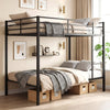 Full-over-full metal bunk bed in black with safety guardrail and under-bed storage for space-saving solutions.