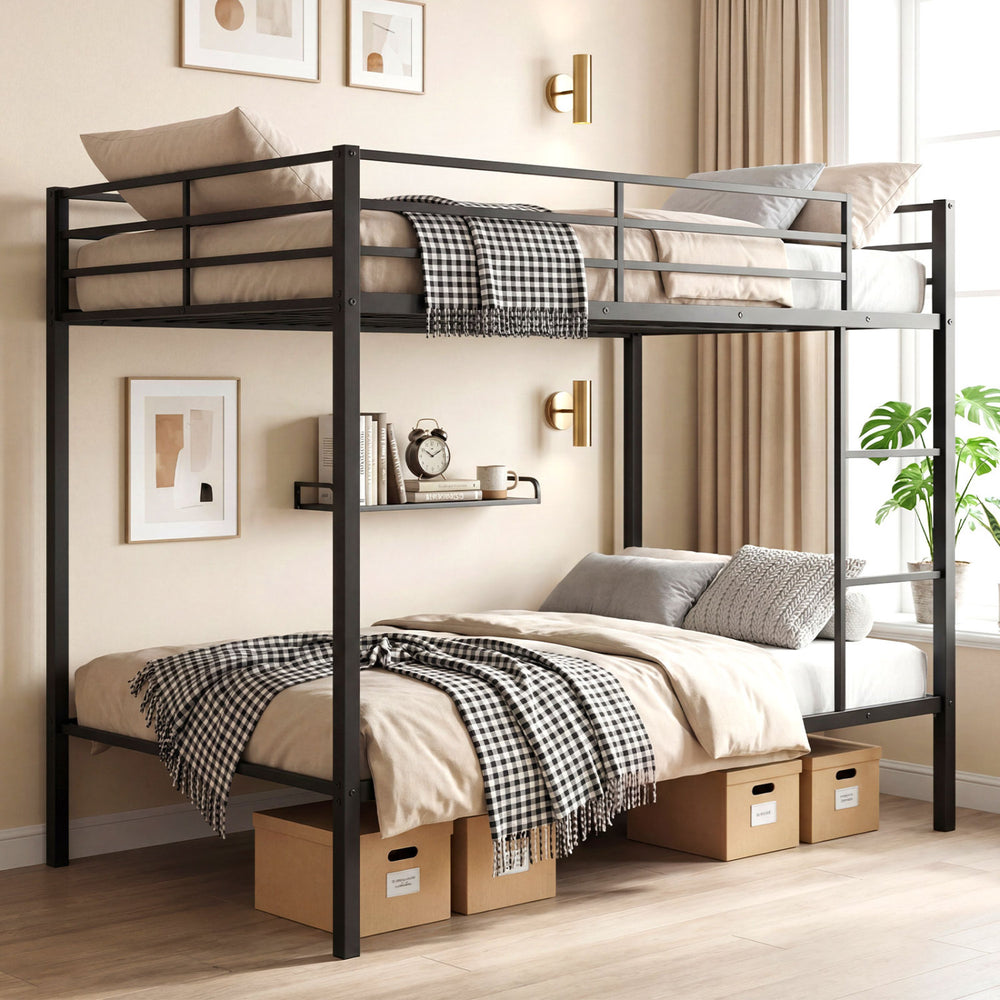Full-over-full metal bunk bed in black with safety guardrail and under-bed storage for space-saving solutions.