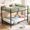Full-over-full metal bunk bed in black with safety guardrail and ladder, ideal for space-saving in kids' rooms.