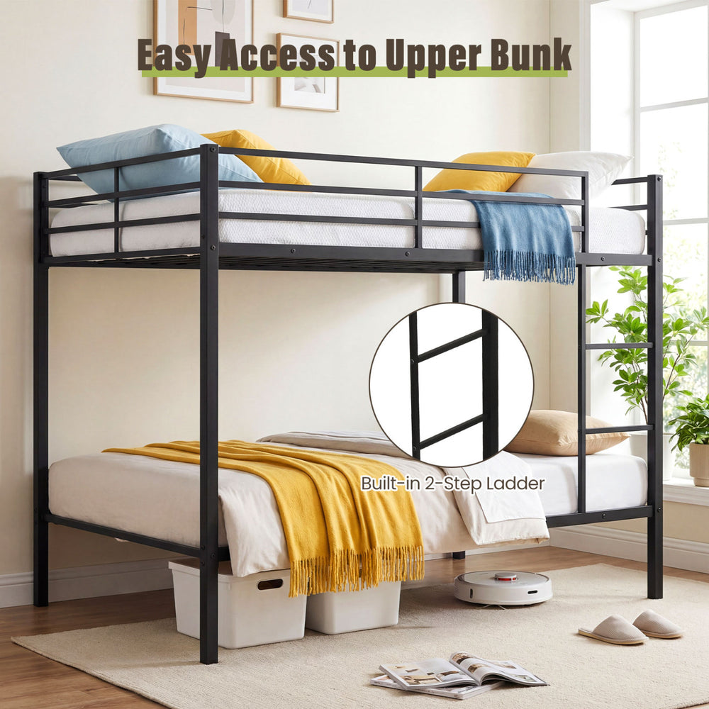 Full-over-full metal bunk bed in black with safety guardrail and built-in 2-step ladder for easy access and.
