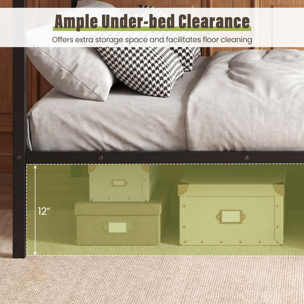 Full-over-full metal bunk bed in black with 12" under-bed clearance for storage and easy floor cleaning.