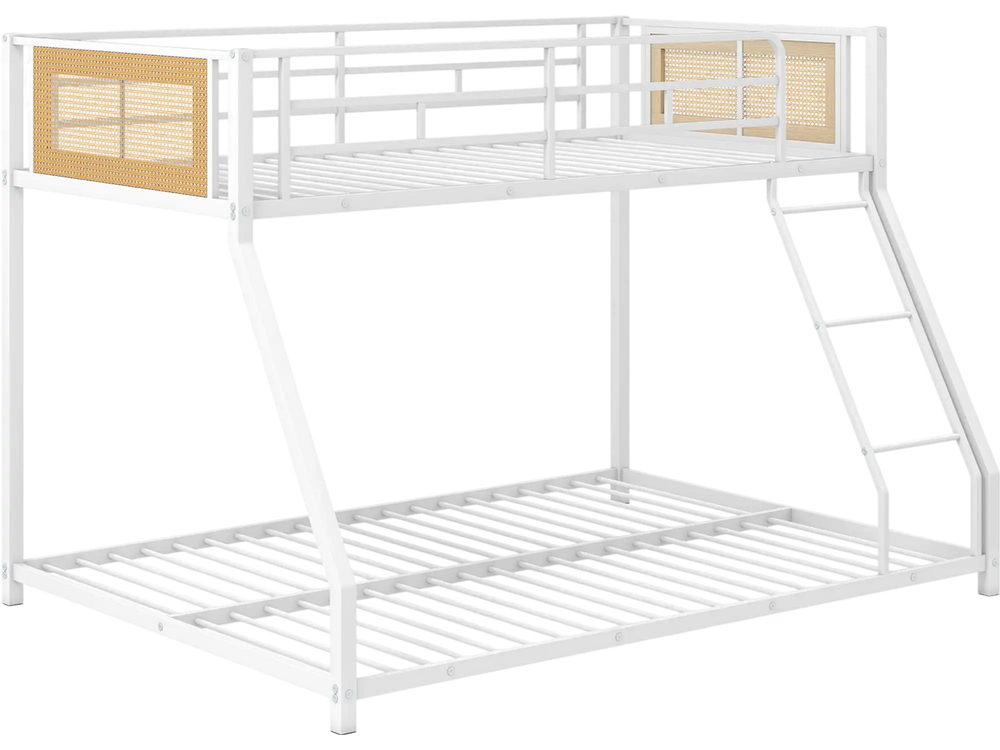 Twin over full metal bunk bed in white with rattan accents, safety guardrail, and ramp ladder for easy access.
