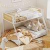 Twin over full metal bunk bed in white with rattan accents, featuring safety guardrail and ramp ladder for easy access.