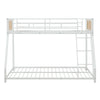 Metal bunk bed twin over full in white with rattan accents, safety guardrail, and ramp ladder for small spaces.
