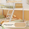 Metal bunk bed twin over full with rattan-woven accent, featuring safety guardrail and ramp ladder for easy access.