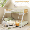 Metal bunk bed twin over full in white with safety guardrail, ramp ladder, and low-to-ground bottom bunk for small.