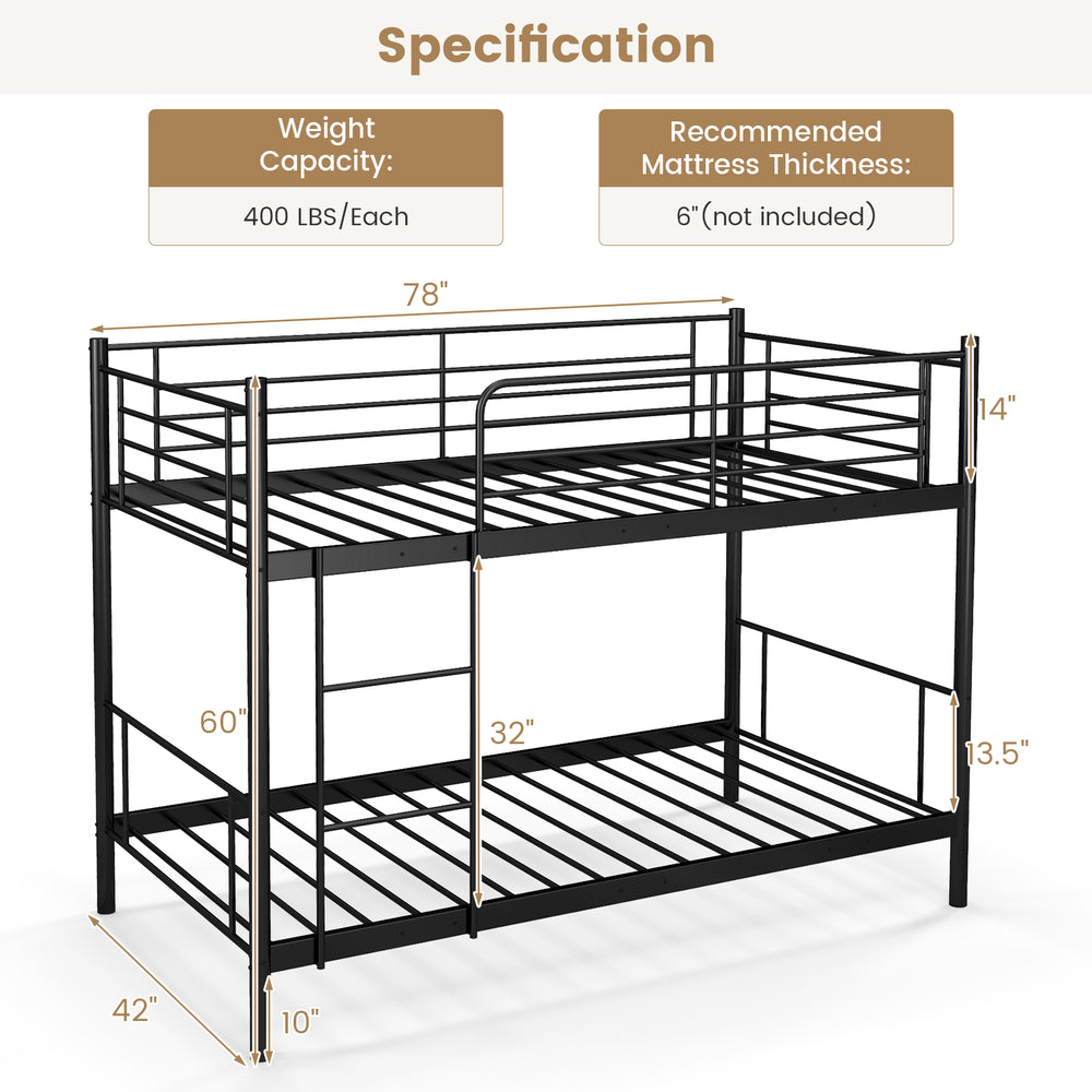 Metal bunk bed in black with ladder and guardrails, featuring heavy-duty slats and 10" under-bed storage space.