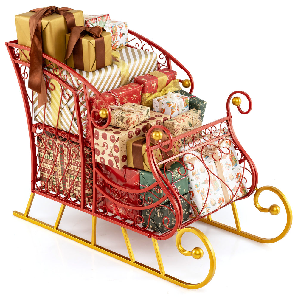 Red metal Christmas Santa sleigh basket with gifts, featuring a golden base and ample storage for holiday decorations.