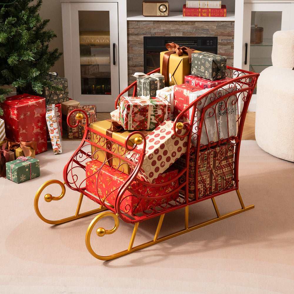 Red metal Christmas Santa sleigh basket with gold base, filled with wrapped gifts, perfect for festive storage and.
