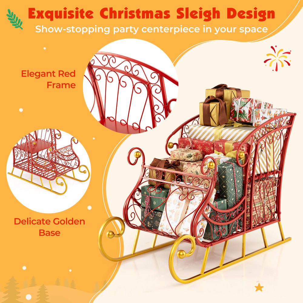Metal Christmas Santa sleigh basket with elegant red frame and golden base, perfect for storing gifts and decorations.