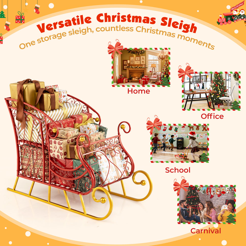 Metal Christmas Santa sleigh basket with ample storage, elegant red frame, and golden base for festive gift display.