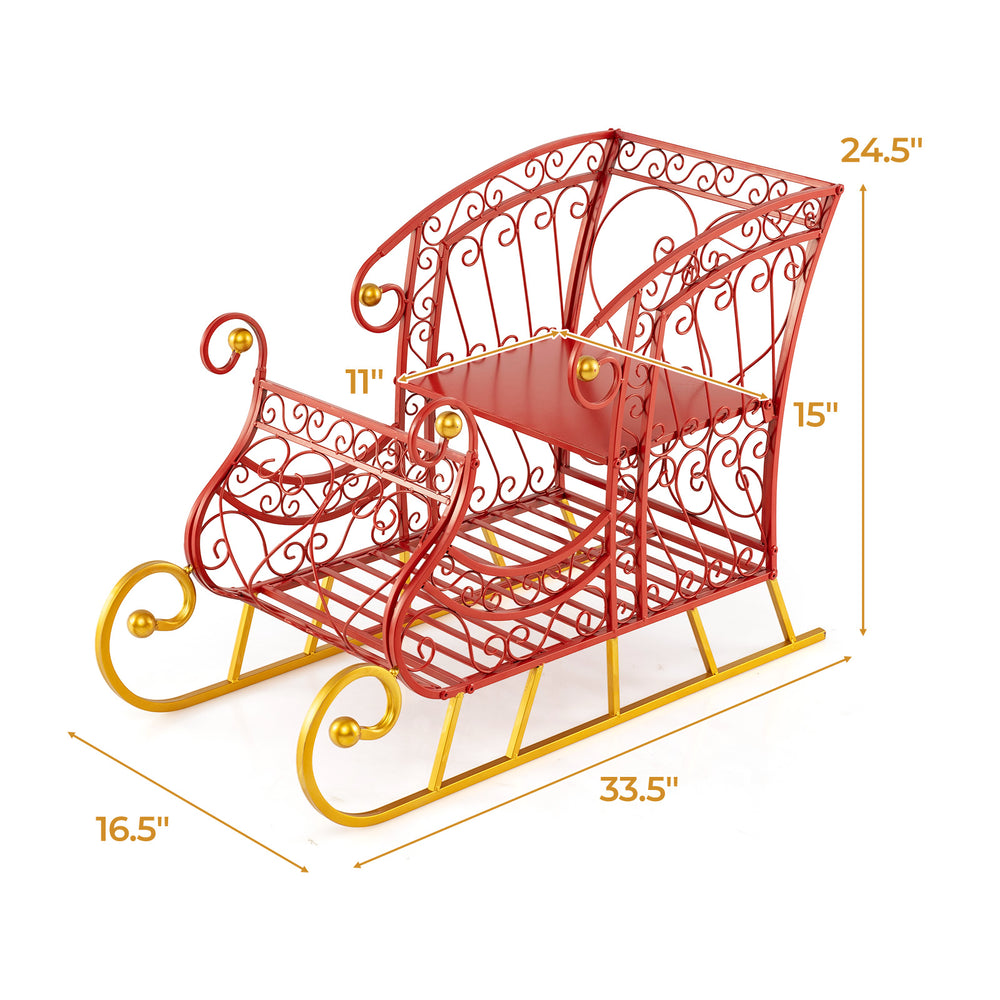 Red metal Christmas Santa sleigh basket with golden base, 2-tier design for gift storage, perfect holiday centerpiece.