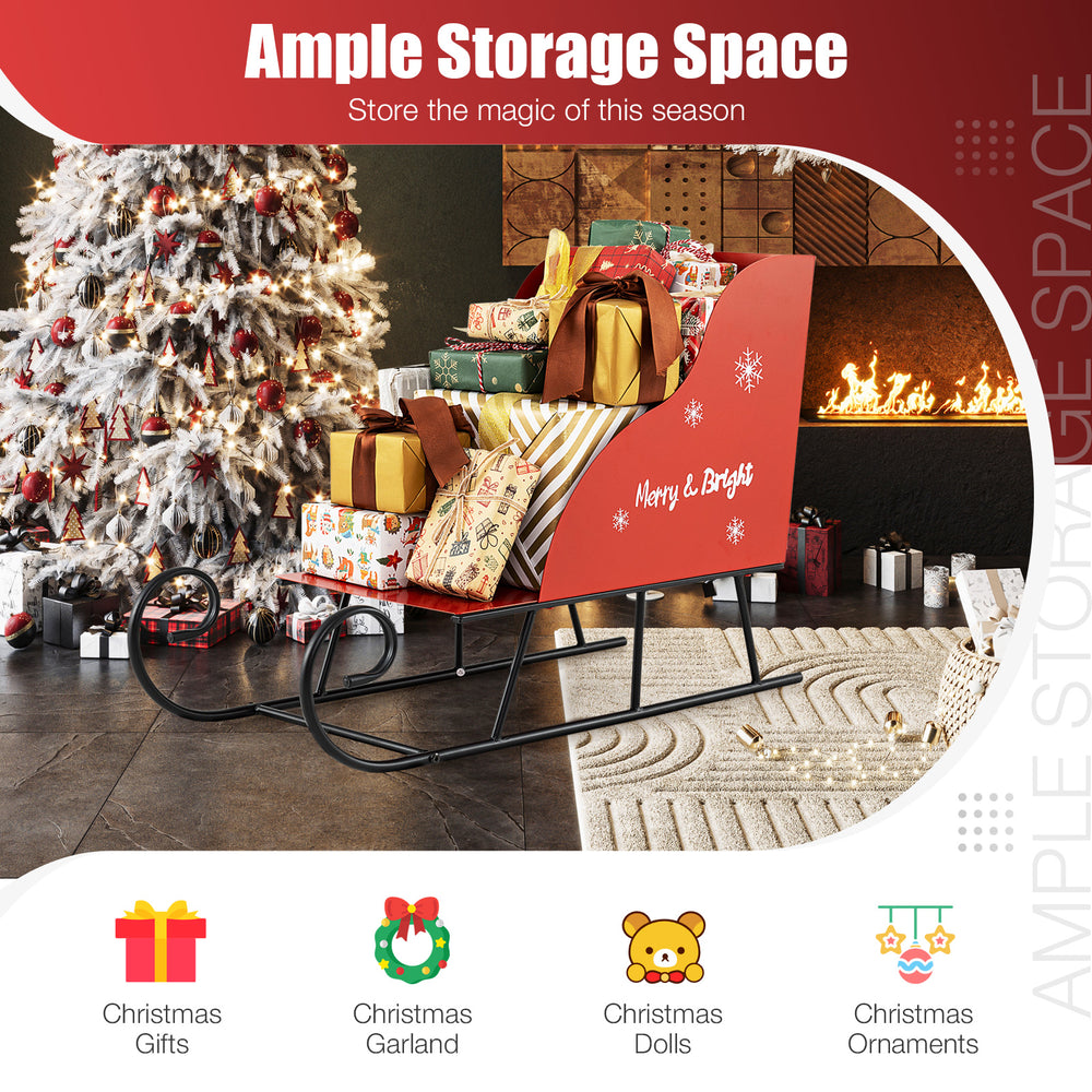 Metal Christmas Santa sleigh basket filled with gifts, designed for festive storage and holiday decoration.