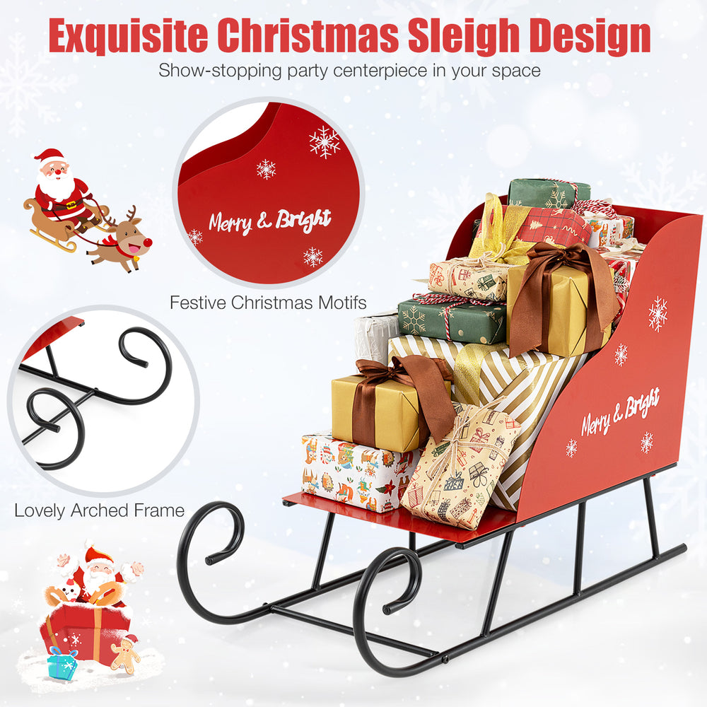 Metal Christmas sleigh basket with festive motifs, perfect for storing gifts and decorations in your holiday space.
