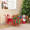 Red metal Christmas Santa sleigh with large cargo area, featuring curled edges and gold accents, perfect for holiday.