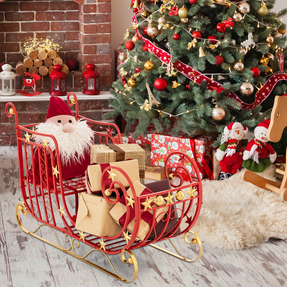 Metal Christmas Santa sleigh with spacious cargo area, featuring curled edges and golden star accents, perfect for.