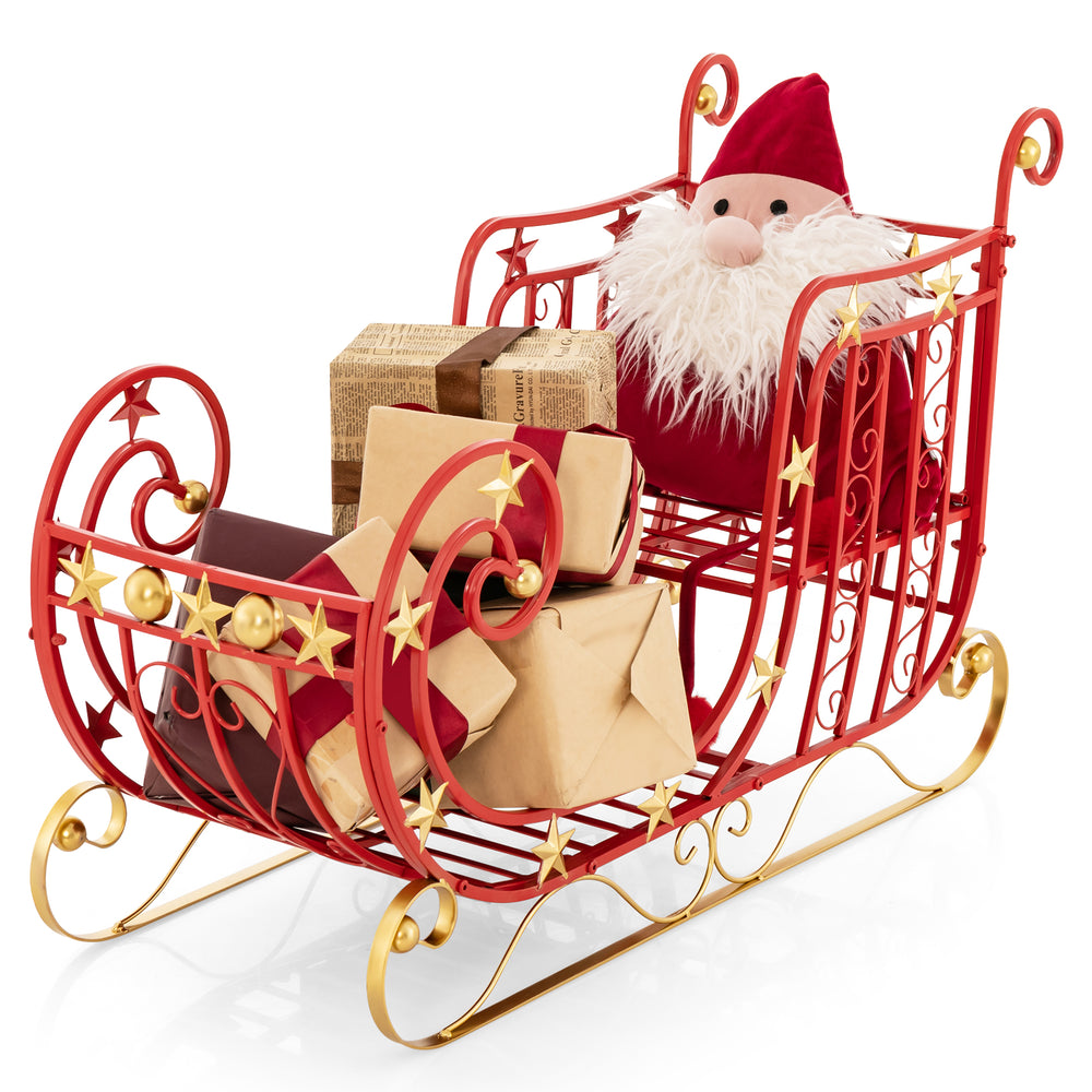Metal Christmas Santa sleigh with spacious cargo area, featuring golden star accents and a festive Santa for holiday.