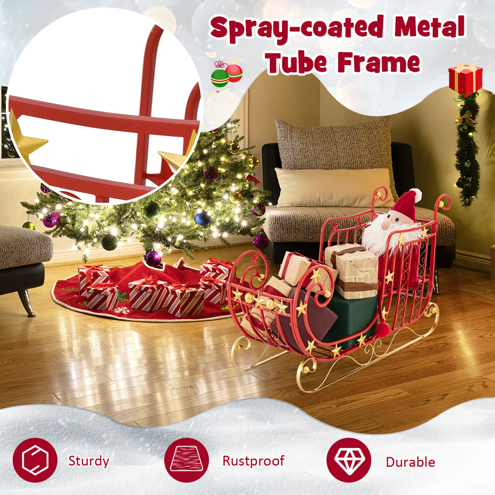 Metal Christmas Santa sleigh with a spacious cargo area, sturdy frame, and golden star accents for festive holiday.