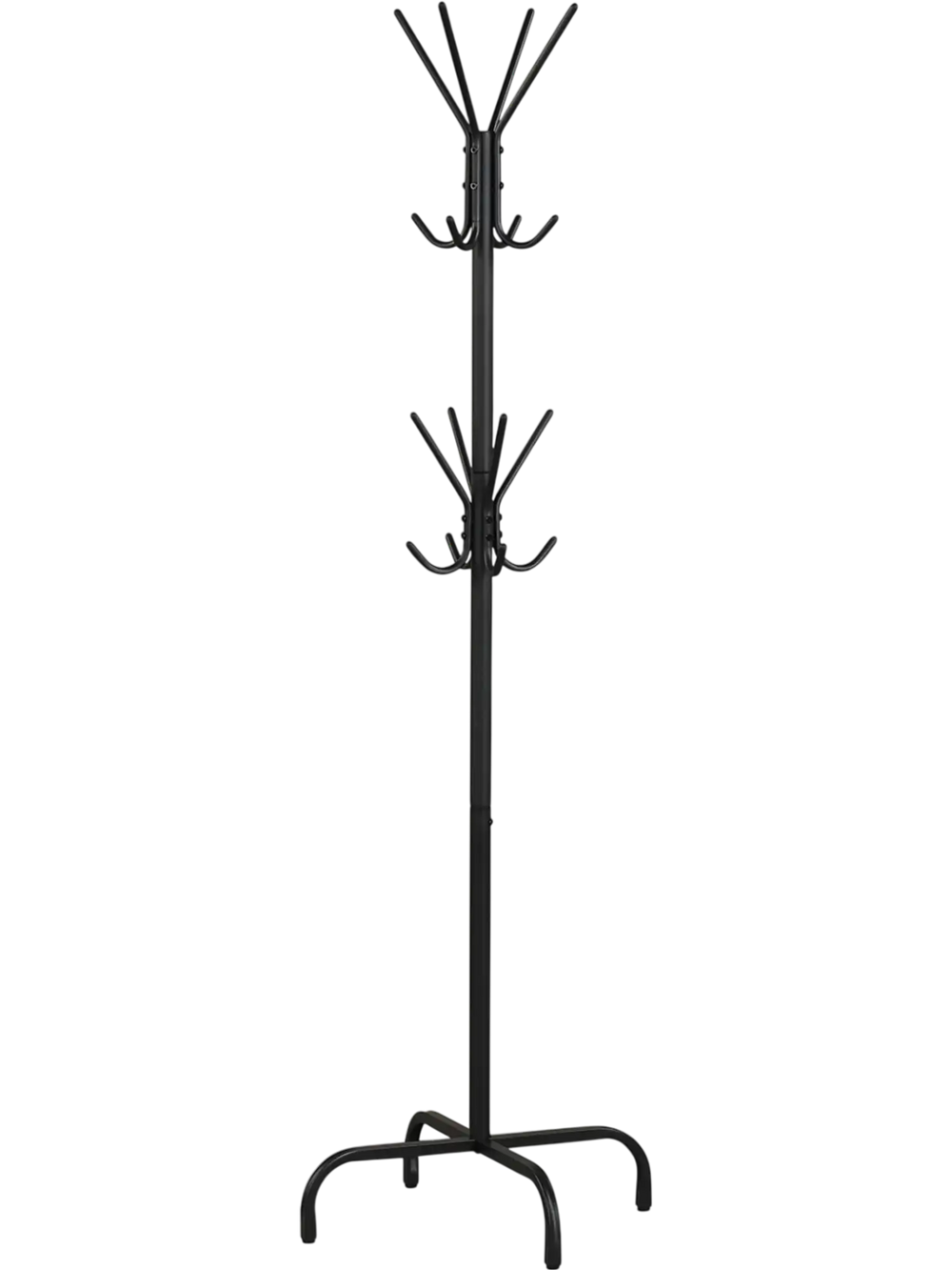 Freestanding black metal coat rack with 16 hooks and 4 sturdy legs, perfect for entryway or office organization.