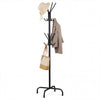 Sleek black metal coat rack with 16 hooks and 4 legs, ideal for organizing coats and bags in bedrooms or offices.