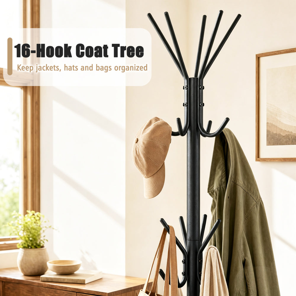 Freestanding black metal coat rack with 16 hooks and 4 legs, perfect for organizing jackets and bags in entryways.