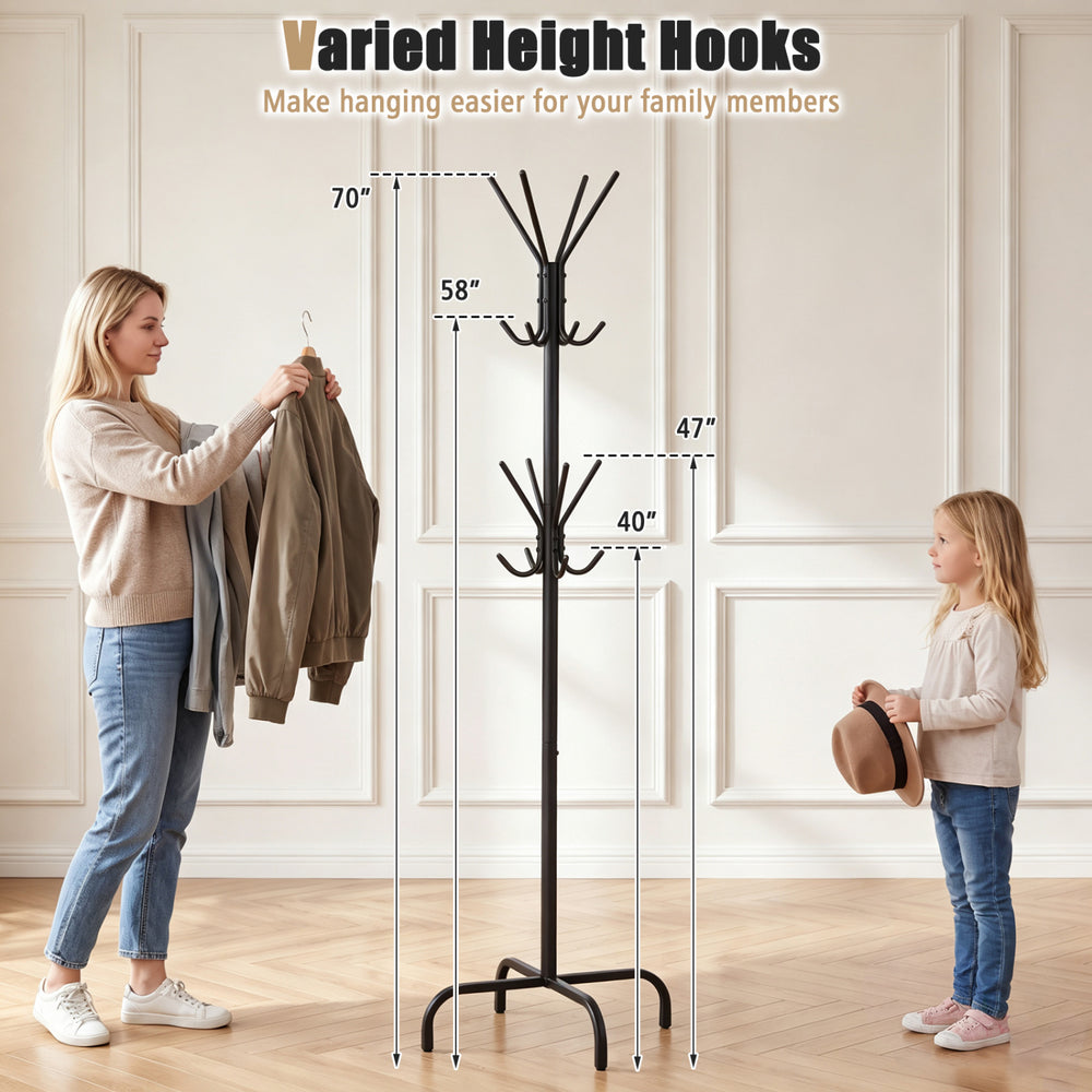 Freestanding black metal coat rack with 16 hooks and 4 legs, ideal for organizing outerwear in entryways or offices.